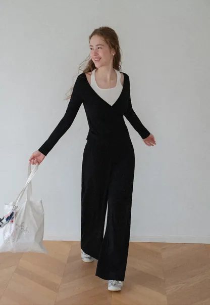 V Neck Layered Long Sleeve Top and Wide Leg Pants