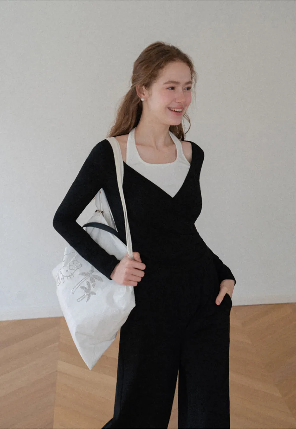 V Neck Layered Long Sleeve Top and Wide Leg Pants