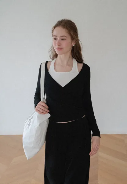 V Neck Layered Long Sleeve Top and Wide Leg Pants