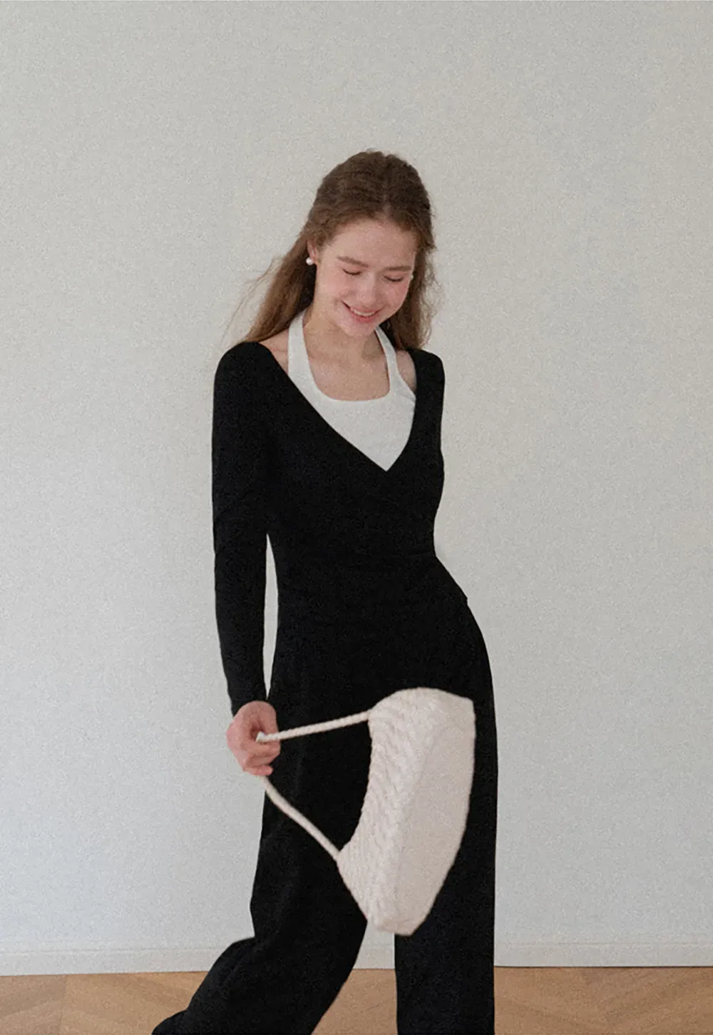 V Neck Layered Long Sleeve Top and Wide Leg Pants