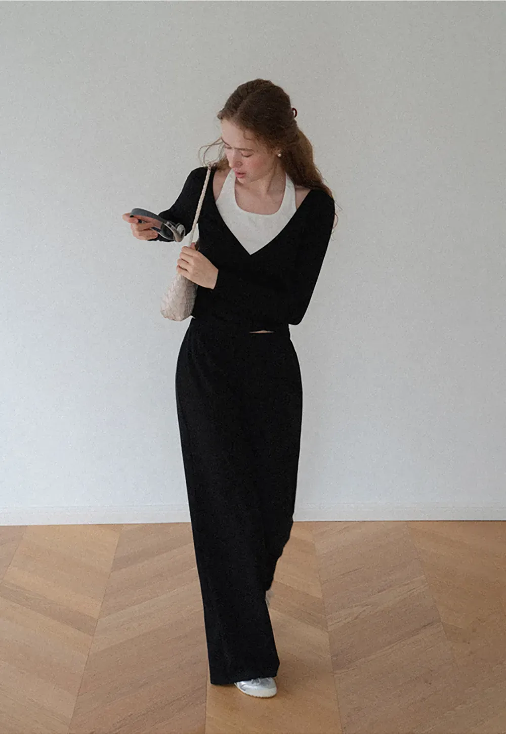 V Neck Layered Long Sleeve Top and Wide Leg Pants