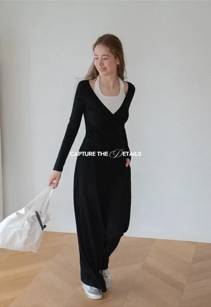 V Neck Layered Long Sleeve Top and Wide Leg Pants
