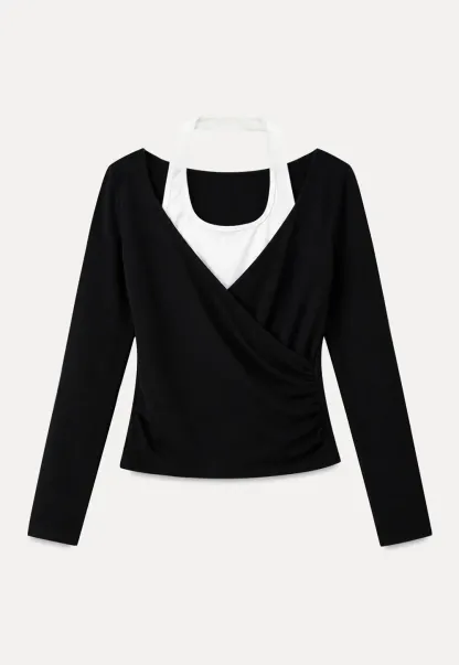 V Neck Layered Long Sleeve Top and Wide Leg Pants