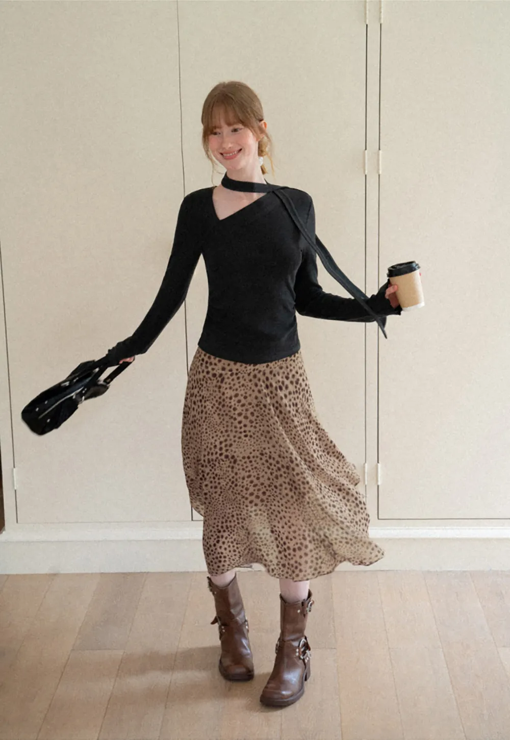 Asymmetrical Wrap Neck Long Sleeve Knit Top