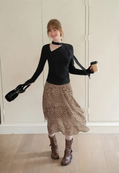 Asymmetrical Wrap Neck Long Sleeve Knit Top