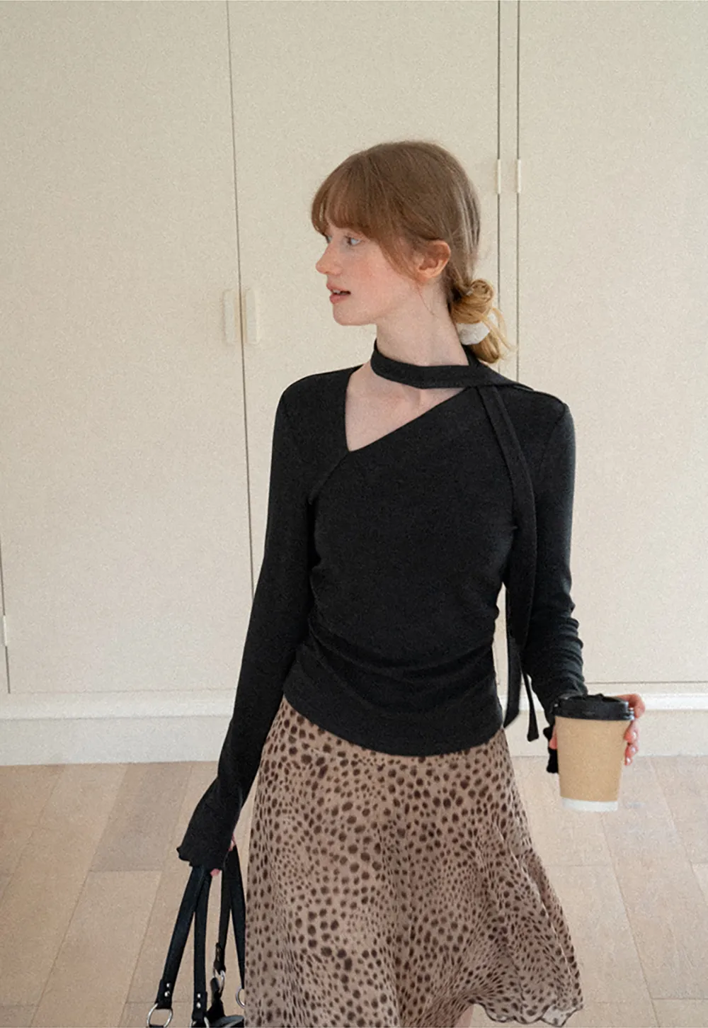 Asymmetrical Wrap Neck Long Sleeve Knit Top