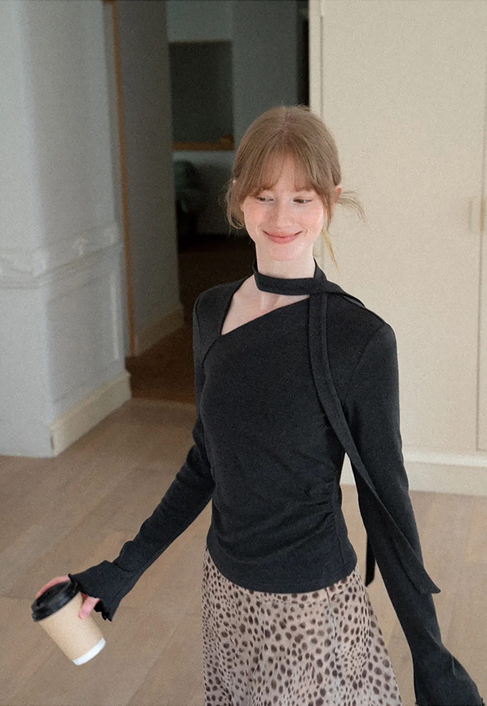 Asymmetrical Wrap Neck Long Sleeve Knit Top