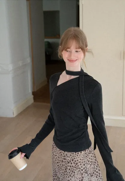 Asymmetrical Wrap Neck Long Sleeve Knit Top