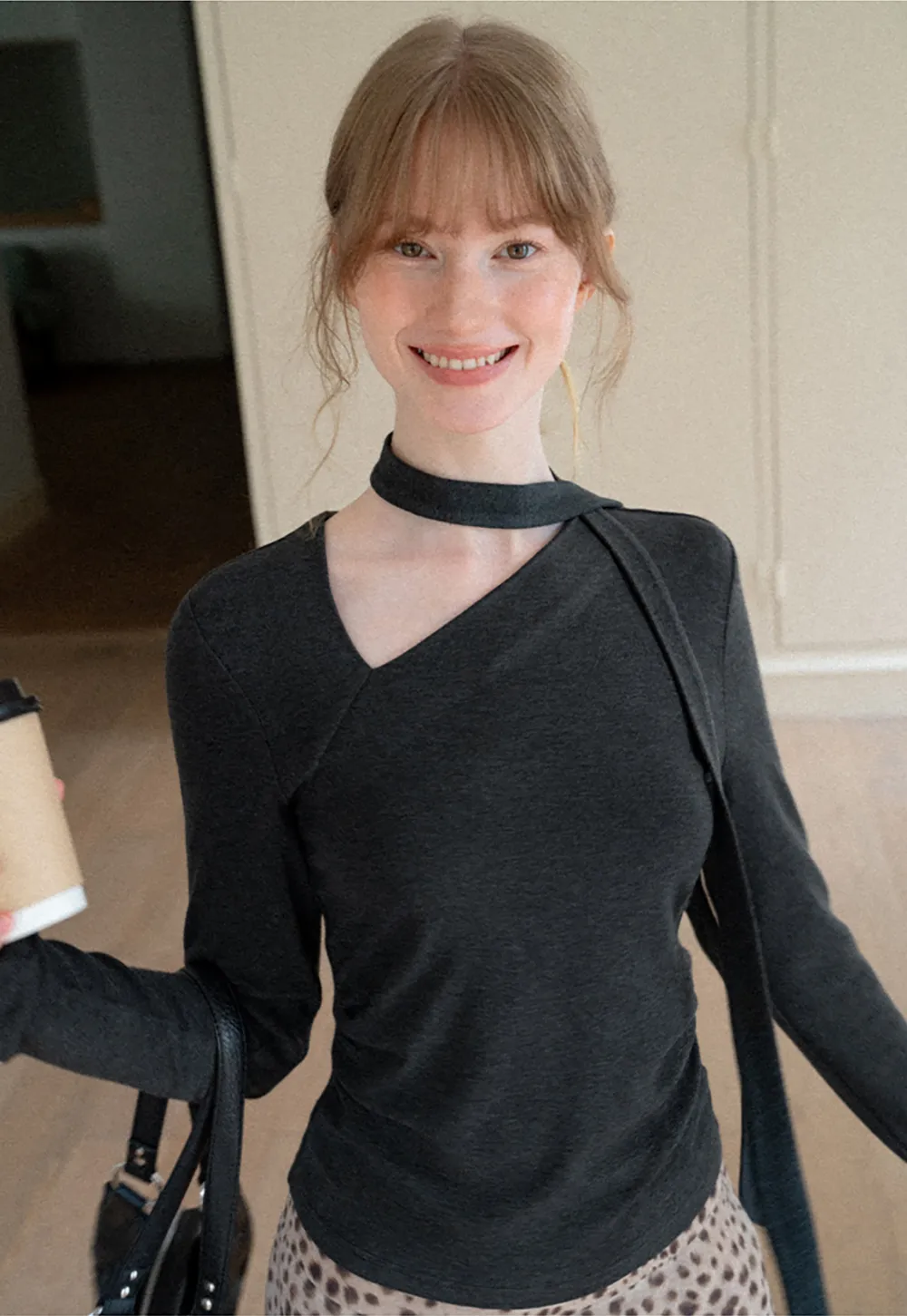 Asymmetrical Wrap Neck Long Sleeve Knit Top