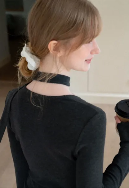 Asymmetrical Wrap Neck Long Sleeve Knit Top