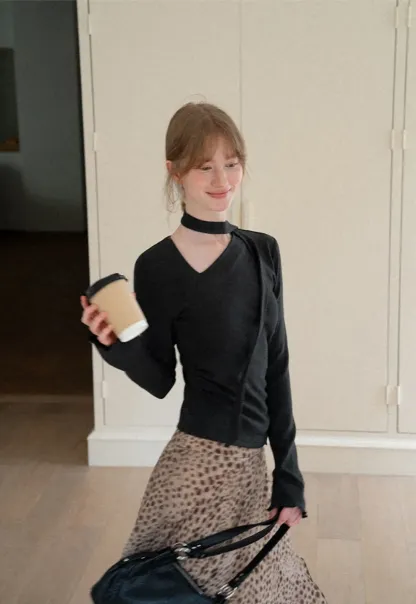 Asymmetrical Wrap Neck Long Sleeve Knit Top