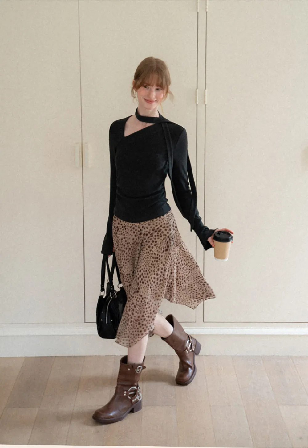 Asymmetrical Wrap Neck Long Sleeve Knit Top
