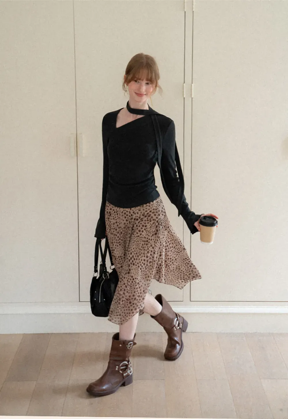 Asymmetrical Wrap Neck Long Sleeve Knit Top