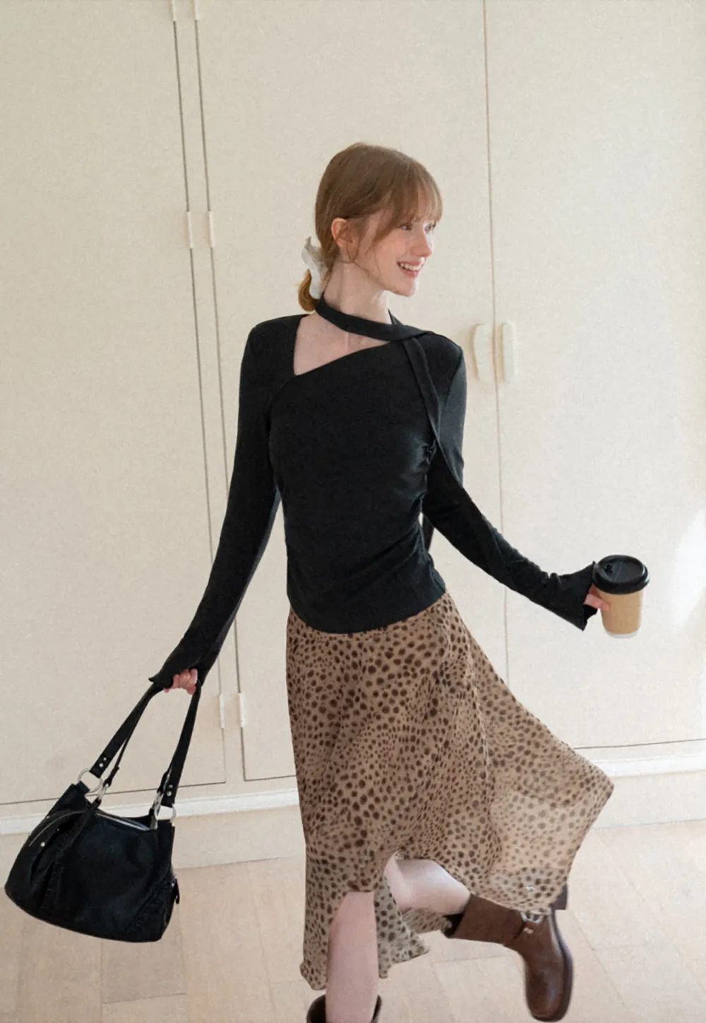Asymmetrical Wrap Neck Long Sleeve Knit Top