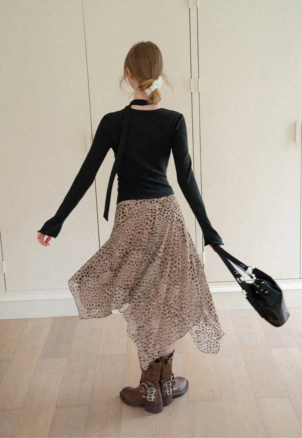 Asymmetrical Wrap Neck Long Sleeve Knit Top
