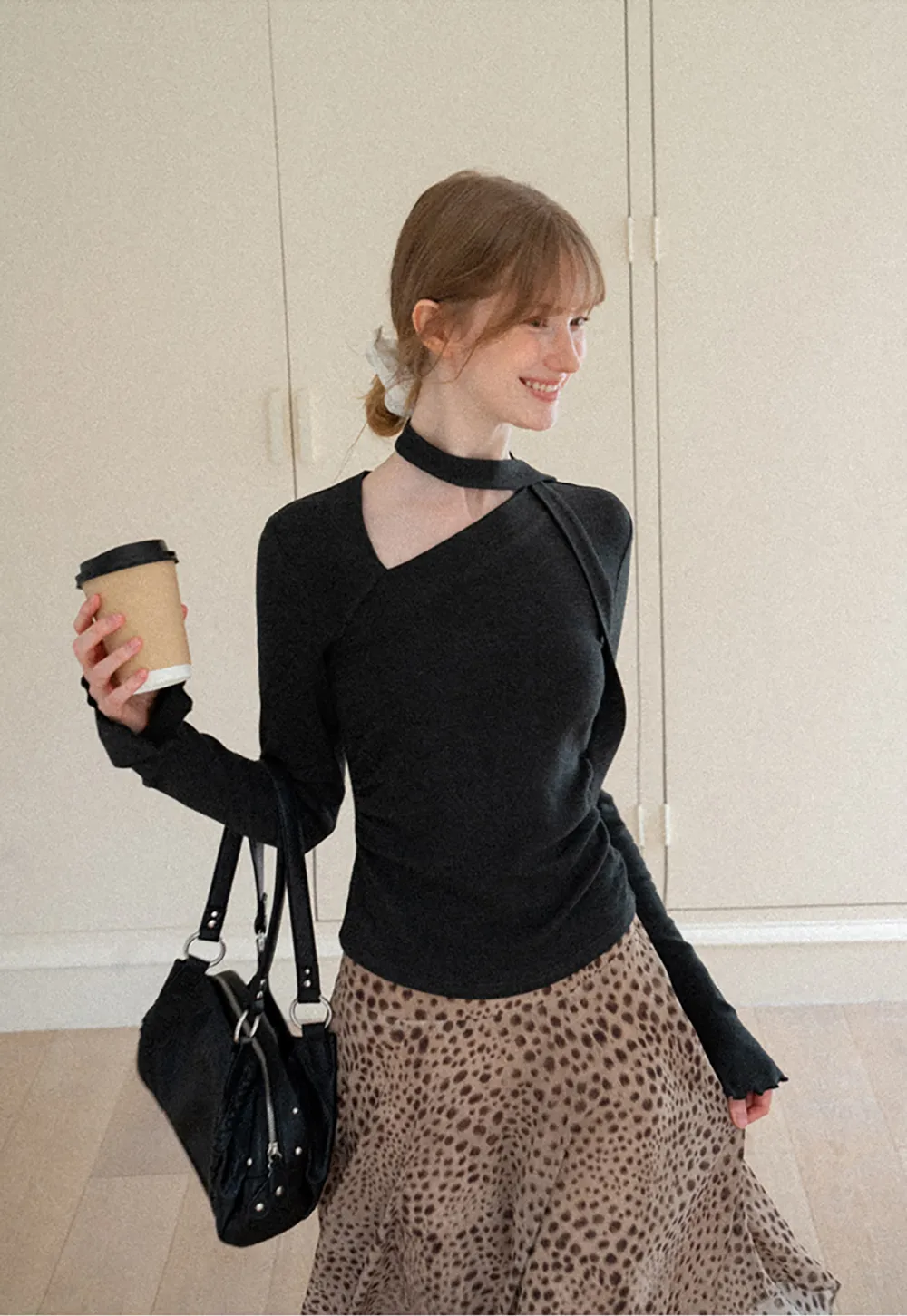 Asymmetrical Wrap Neck Long Sleeve Knit Top