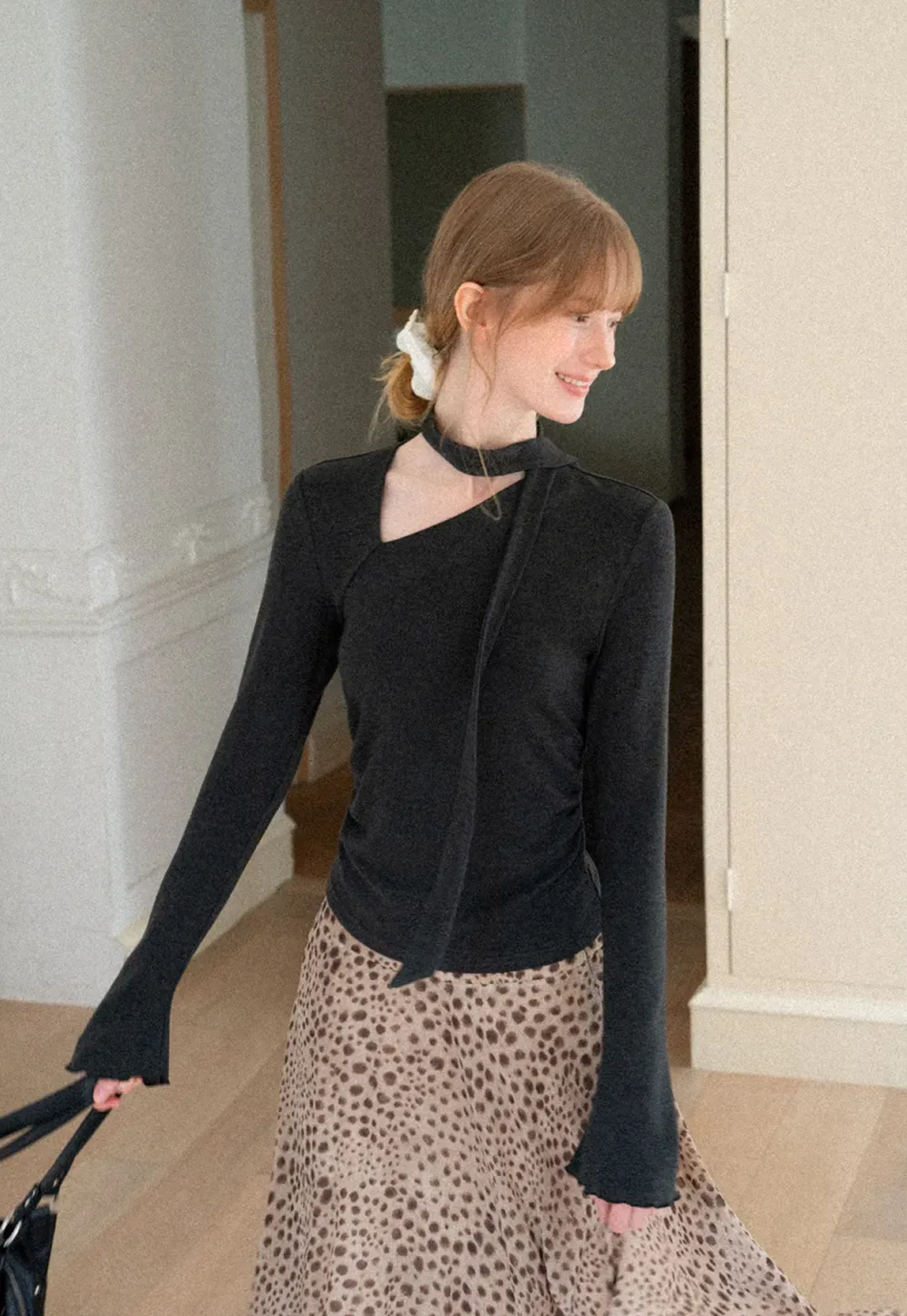 Asymmetrical Wrap Neck Long Sleeve Knit Top