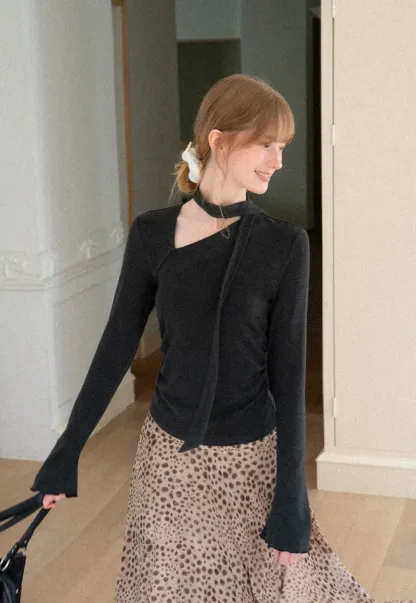 Asymmetrical Wrap Neck Long Sleeve Knit Top