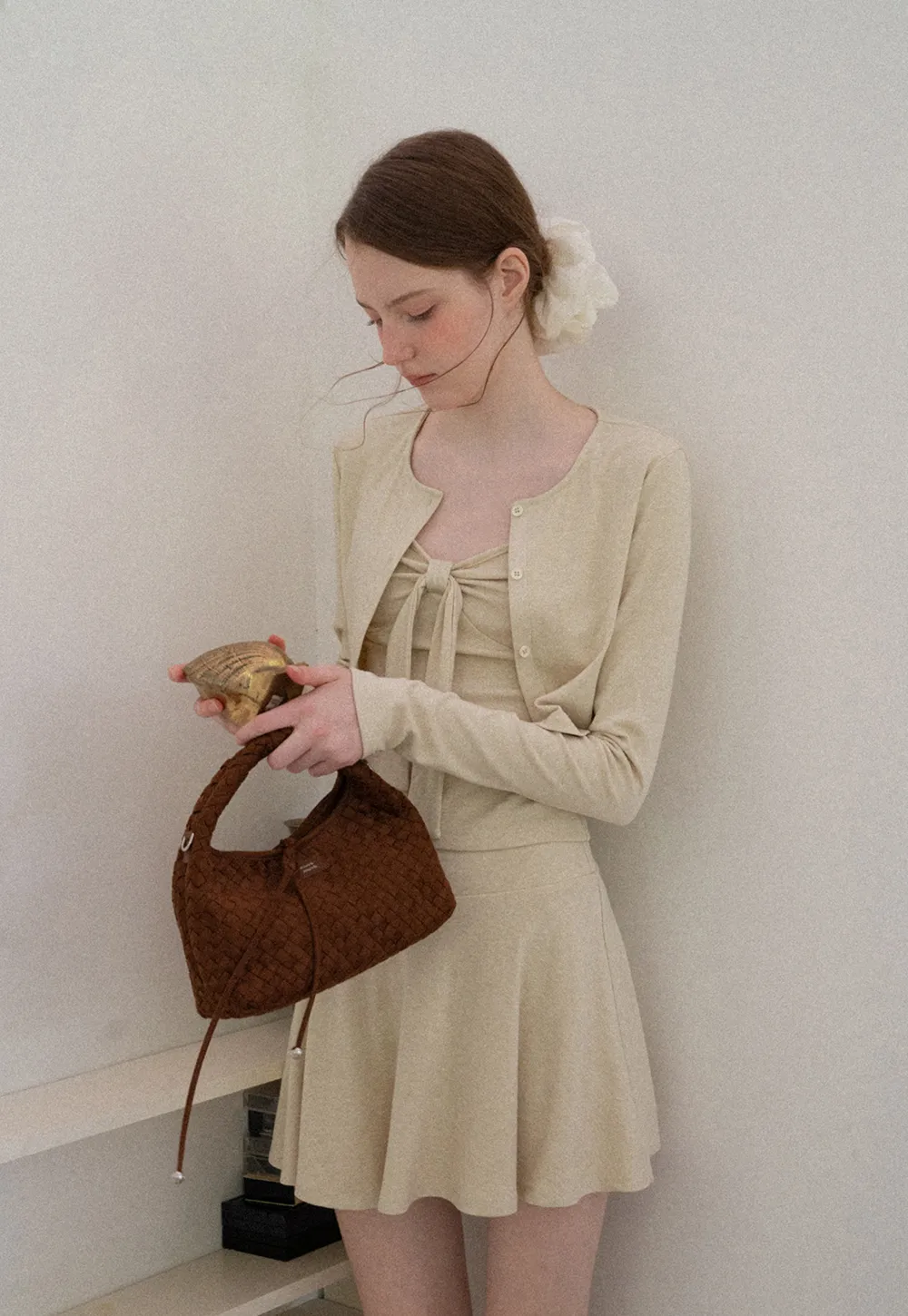 Ribbed Knit Cardigan with Button Front and Tie Neck Top Skirt Set