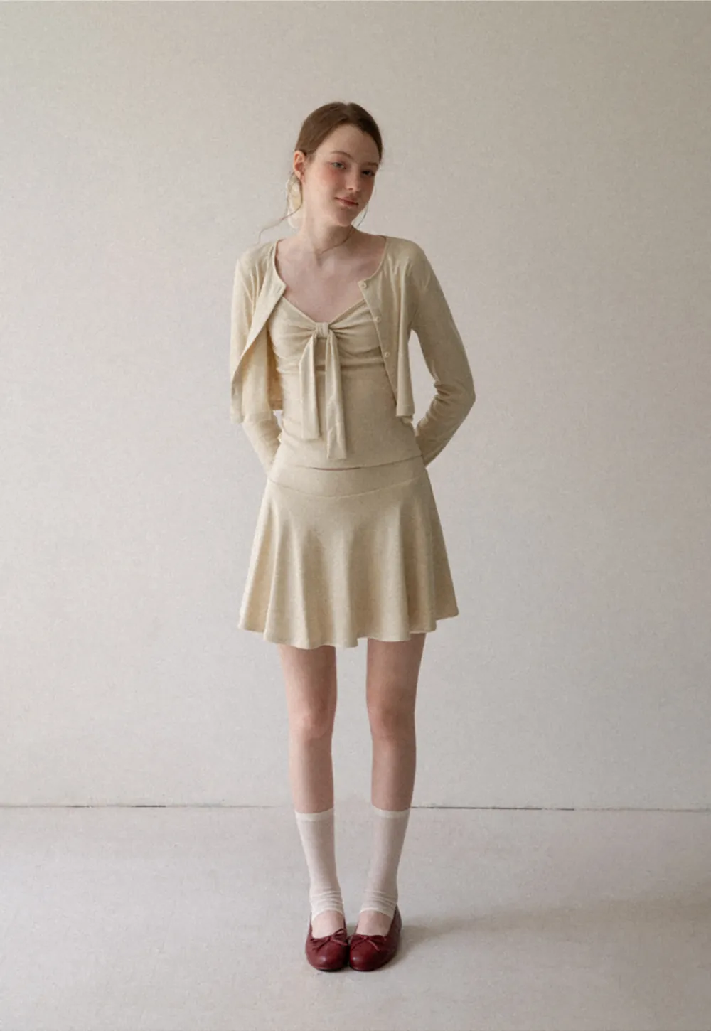 Ribbed Knit Cardigan with Button Front and Tie Neck Top Skirt Set