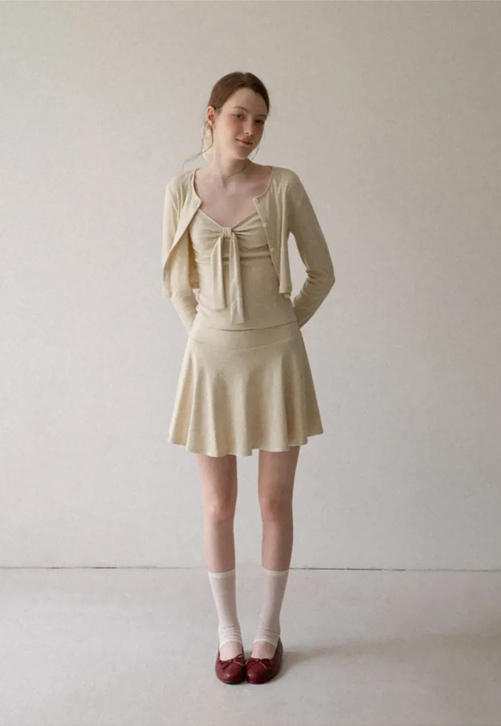 Ribbed Knit Cardigan with Button Front and Tie Neck Top Skirt Set