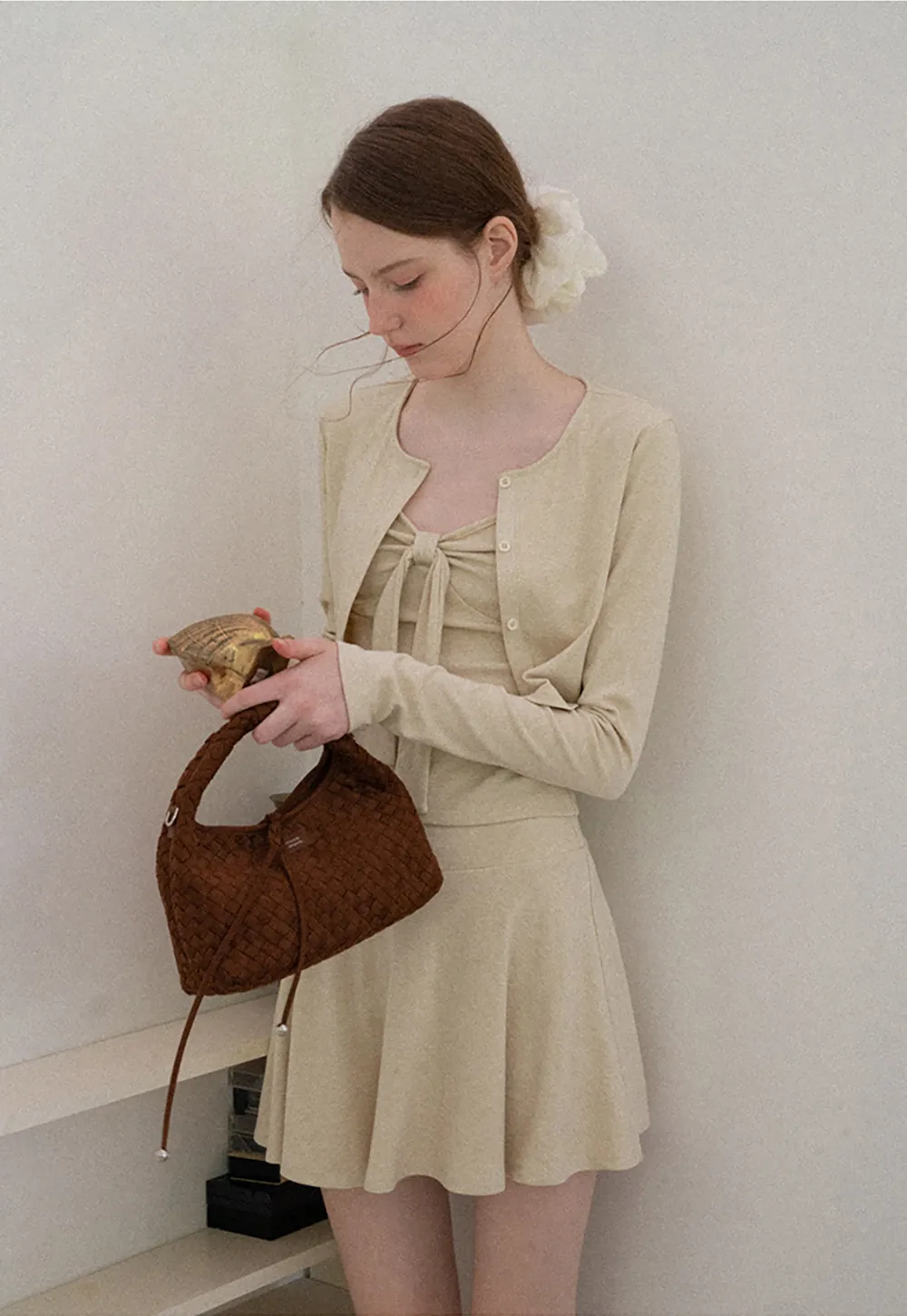 Ribbed Knit Cardigan with Button Front and Tie Neck Top Skirt Set