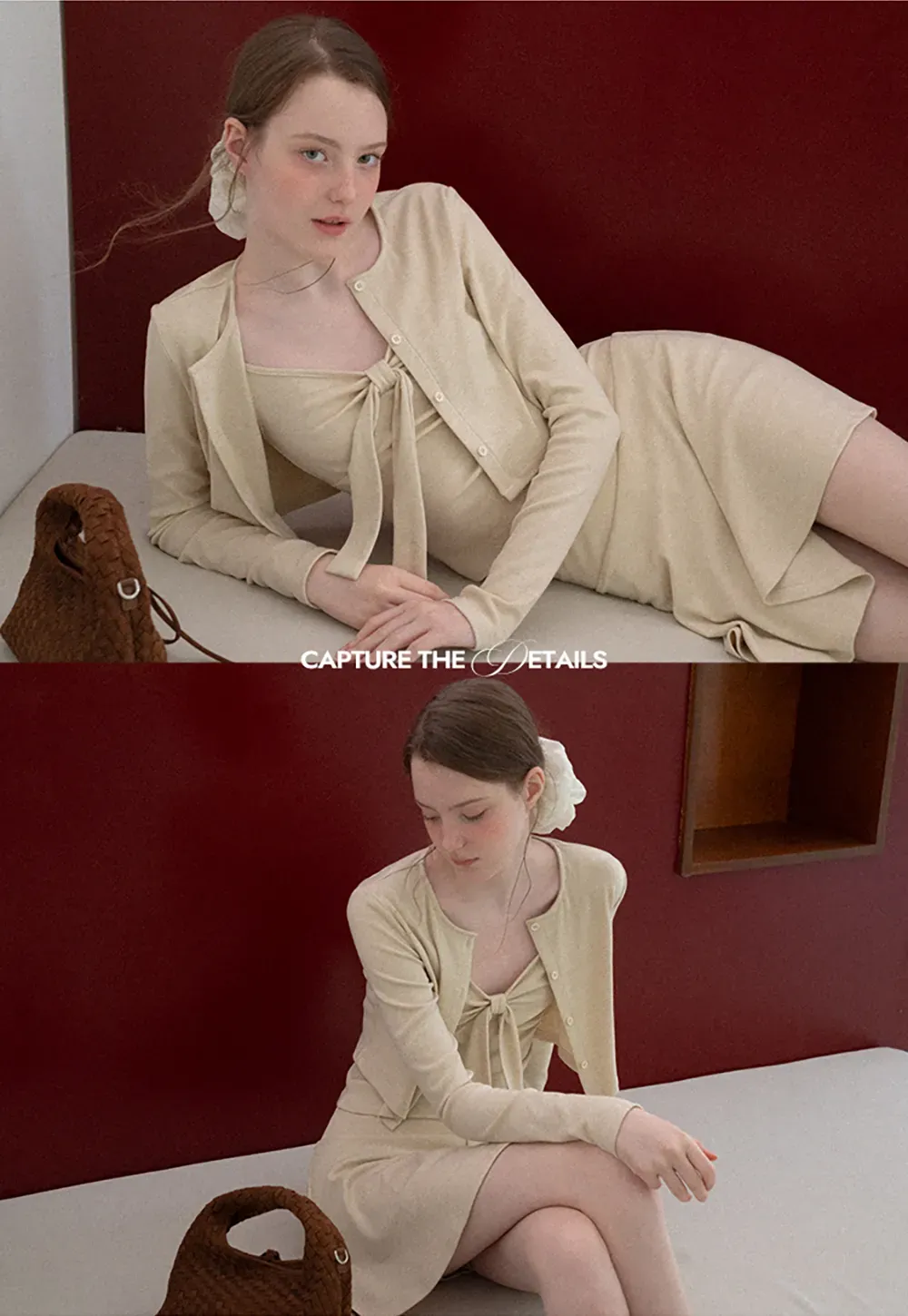 Ribbed Knit Cardigan with Button Front and Tie Neck Top Skirt Set
