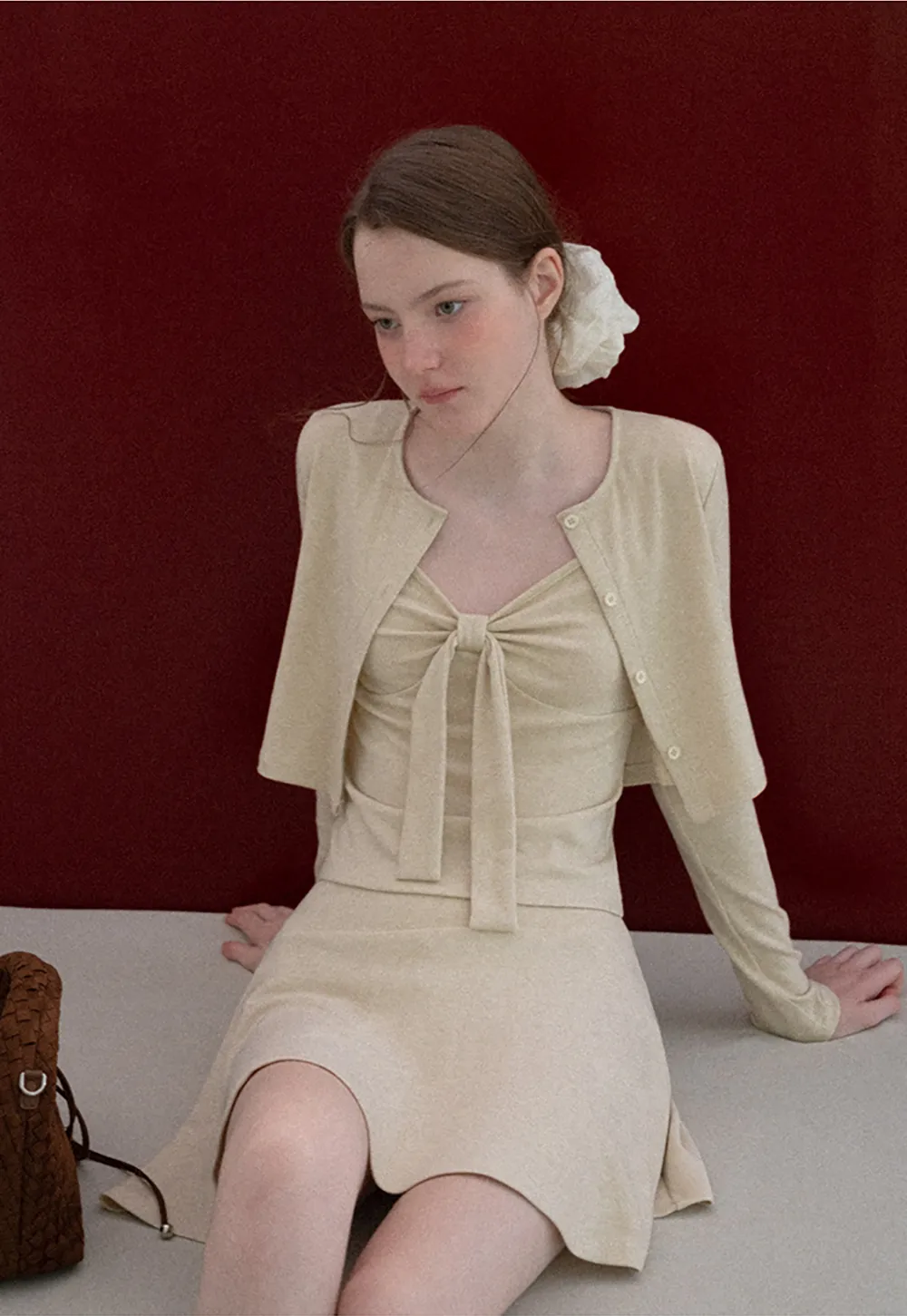 Ribbed Knit Cardigan with Button Front and Tie Neck Top Skirt Set