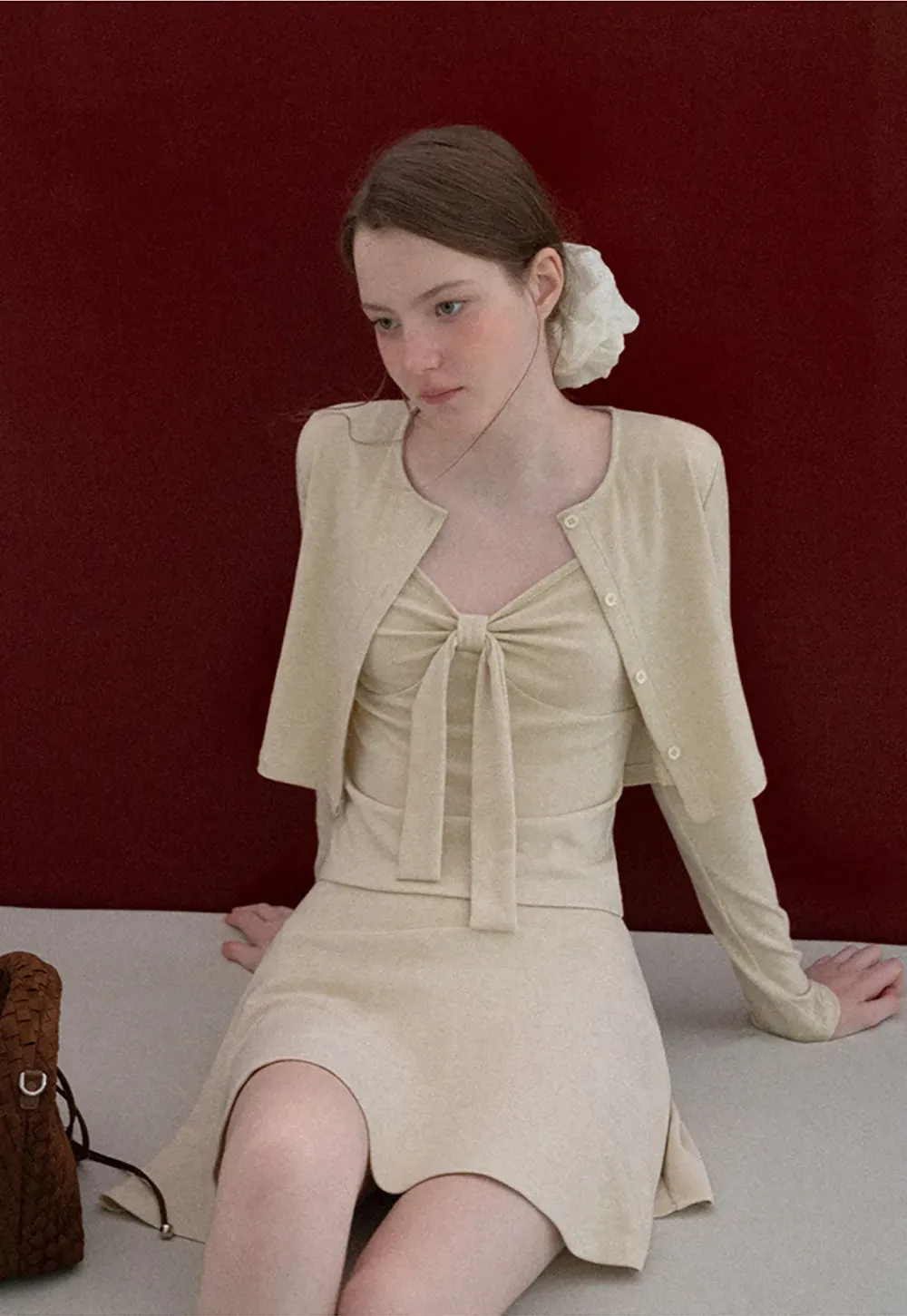 Ribbed Knit Cardigan with Button Front and Tie Neck Top Skirt Set