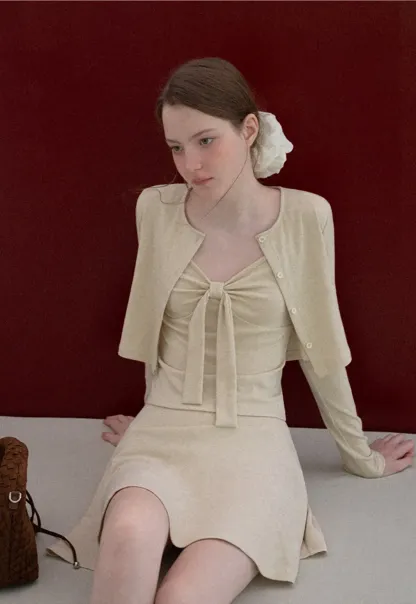 Ribbed Knit Cardigan with Button Front and Tie Neck Top Skirt Set