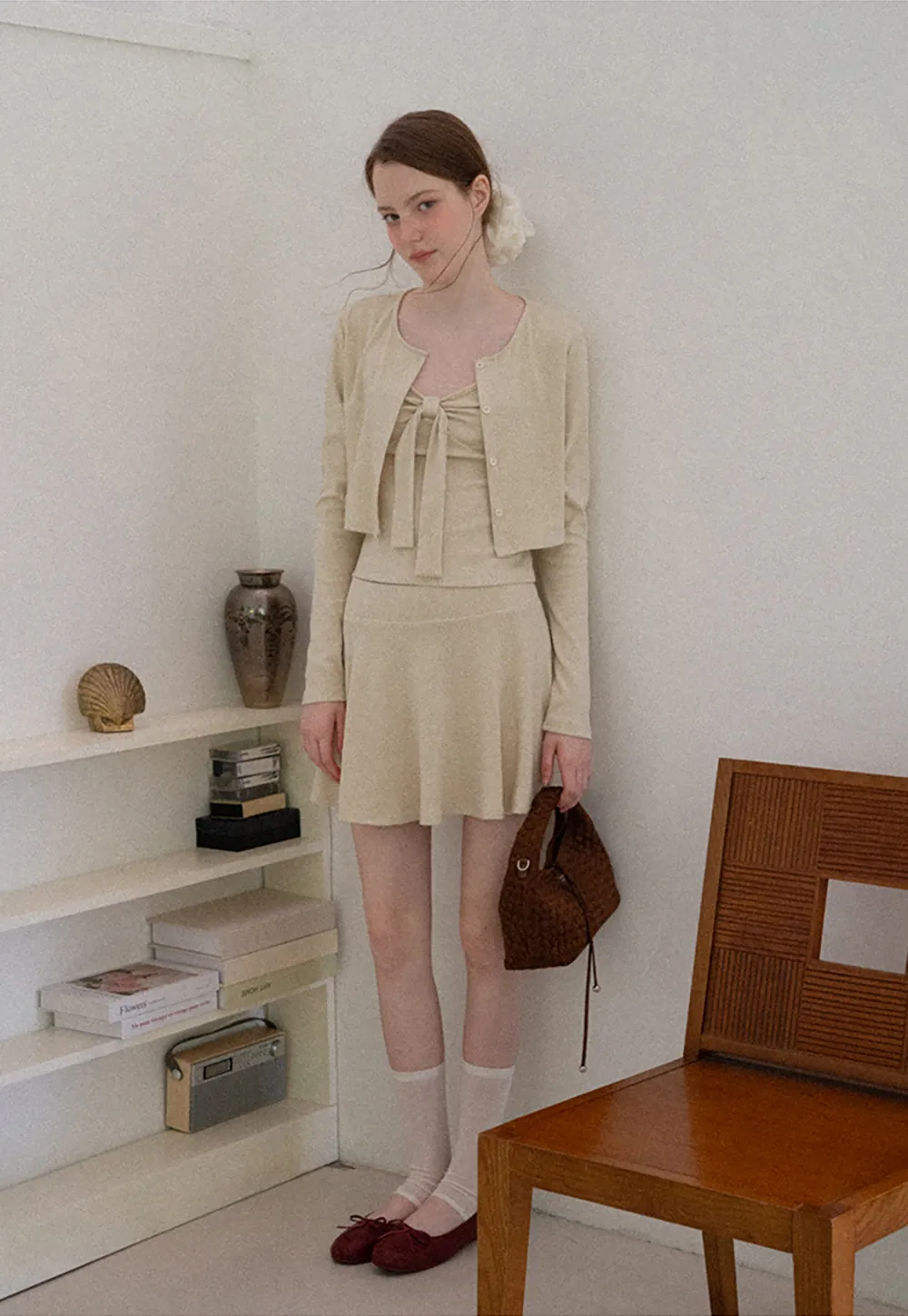 Ribbed Knit Cardigan with Button Front and Tie Neck Top Skirt Set