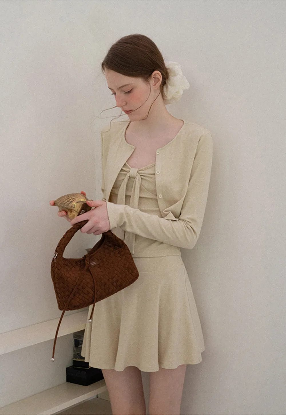 Ribbed Knit Cardigan with Button Front and Tie Neck Top Skirt Set