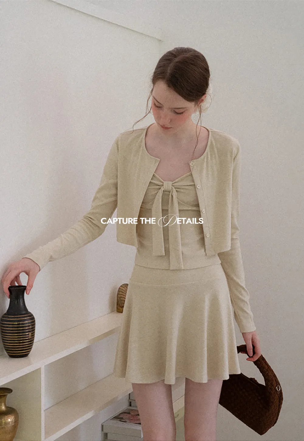 Ribbed Knit Cardigan with Button Front and Tie Neck Top Skirt Set