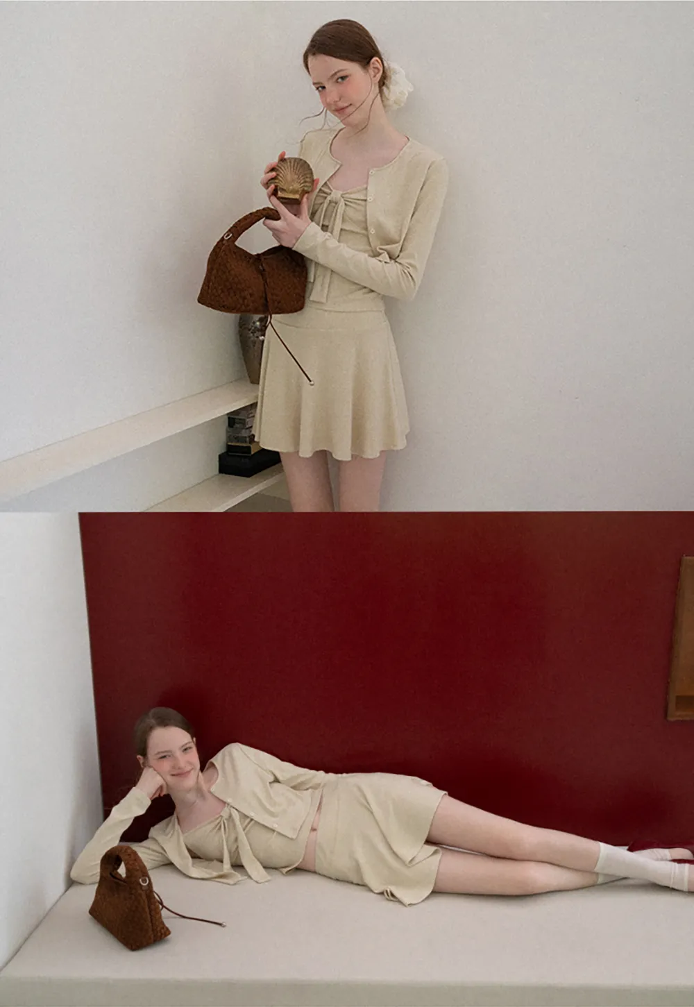 Ribbed Knit Cardigan with Button Front and Tie Neck Top Skirt Set
