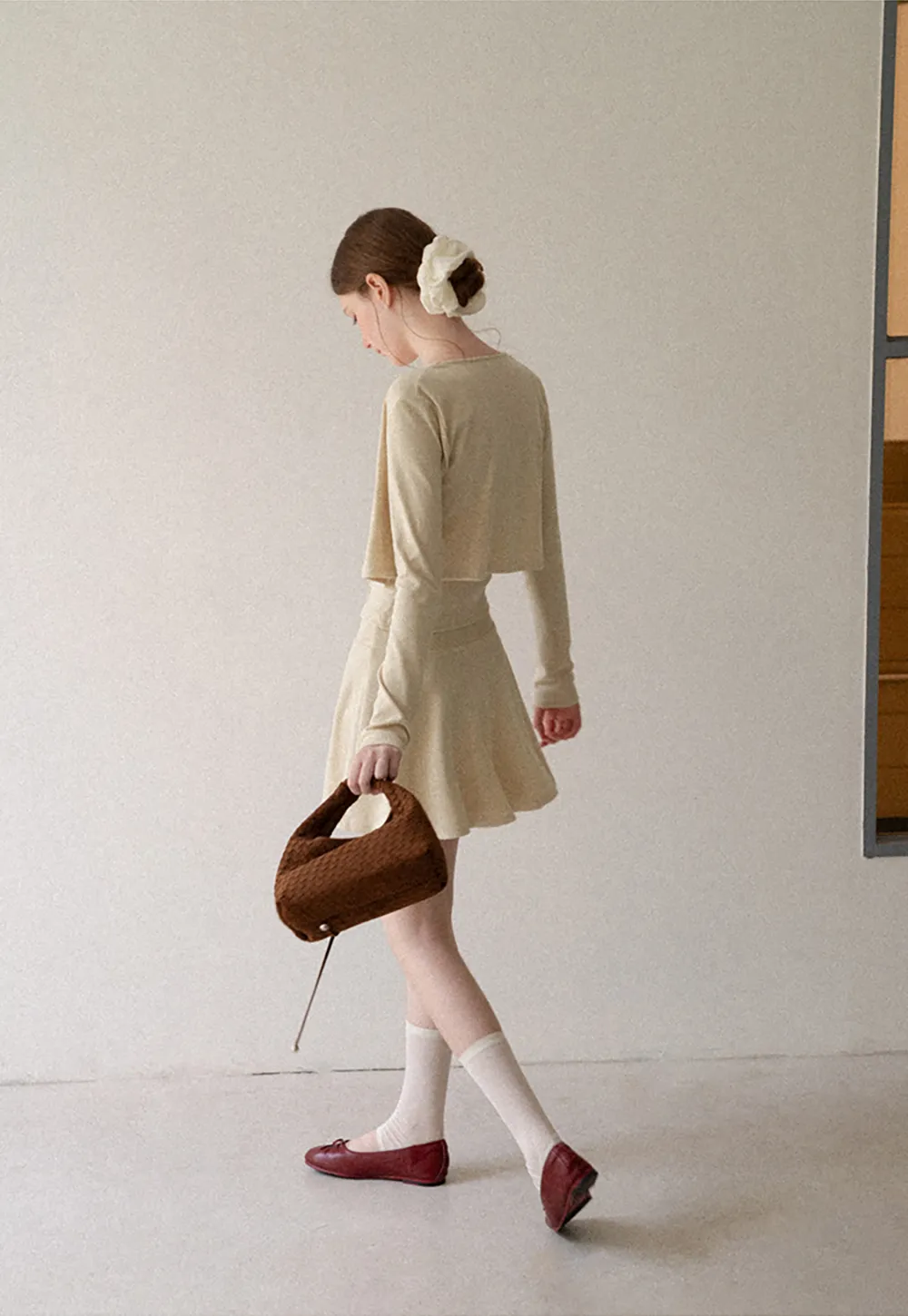 Ribbed Knit Cardigan with Button Front and Tie Neck Top Skirt Set