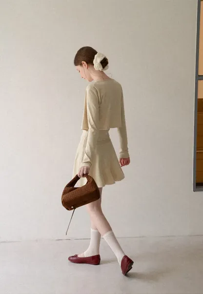 Ribbed Knit Cardigan with Button Front and Tie Neck Top Skirt Set