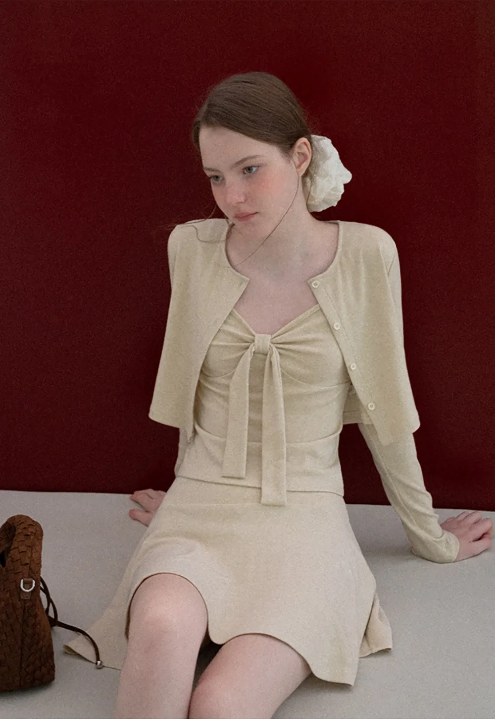 Ribbed Knit Cardigan with Button Front and Tie Neck Top Skirt Set