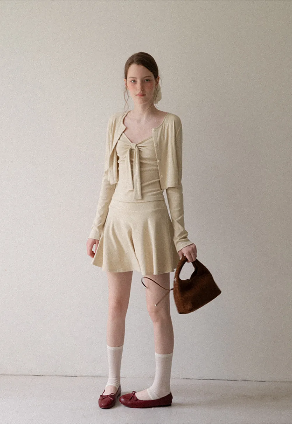 Ribbed Knit Cardigan with Button Front and Tie Neck Top Skirt Set