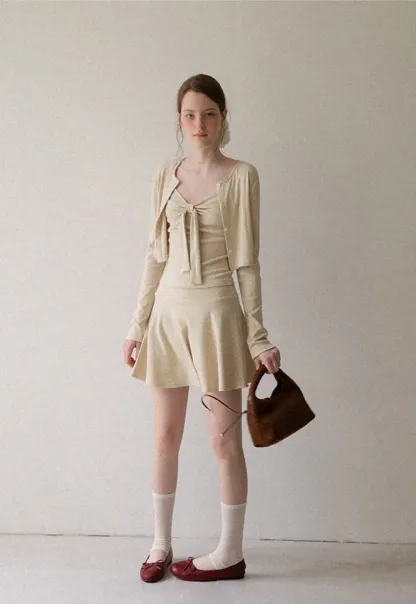 Ribbed Knit Cardigan with Button Front and Tie Neck Top Skirt Set
