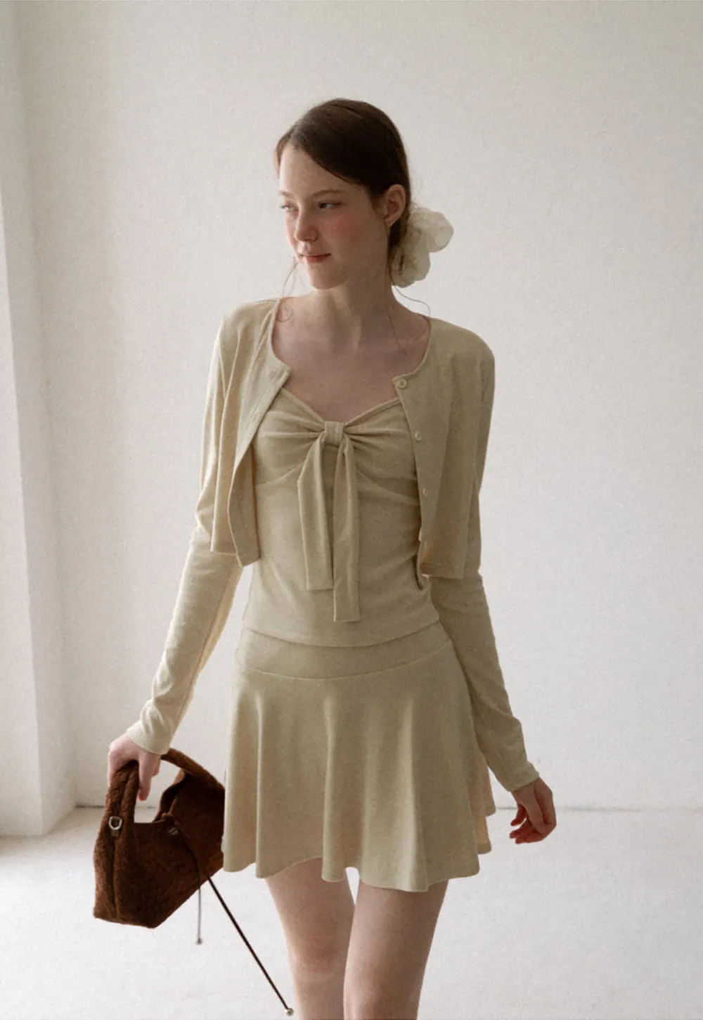 Ribbed Knit Cardigan with Button Front and Tie Neck Top Skirt Set