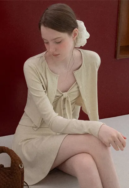 Ribbed Knit Cardigan with Button Front and Tie Neck Top Skirt Set
