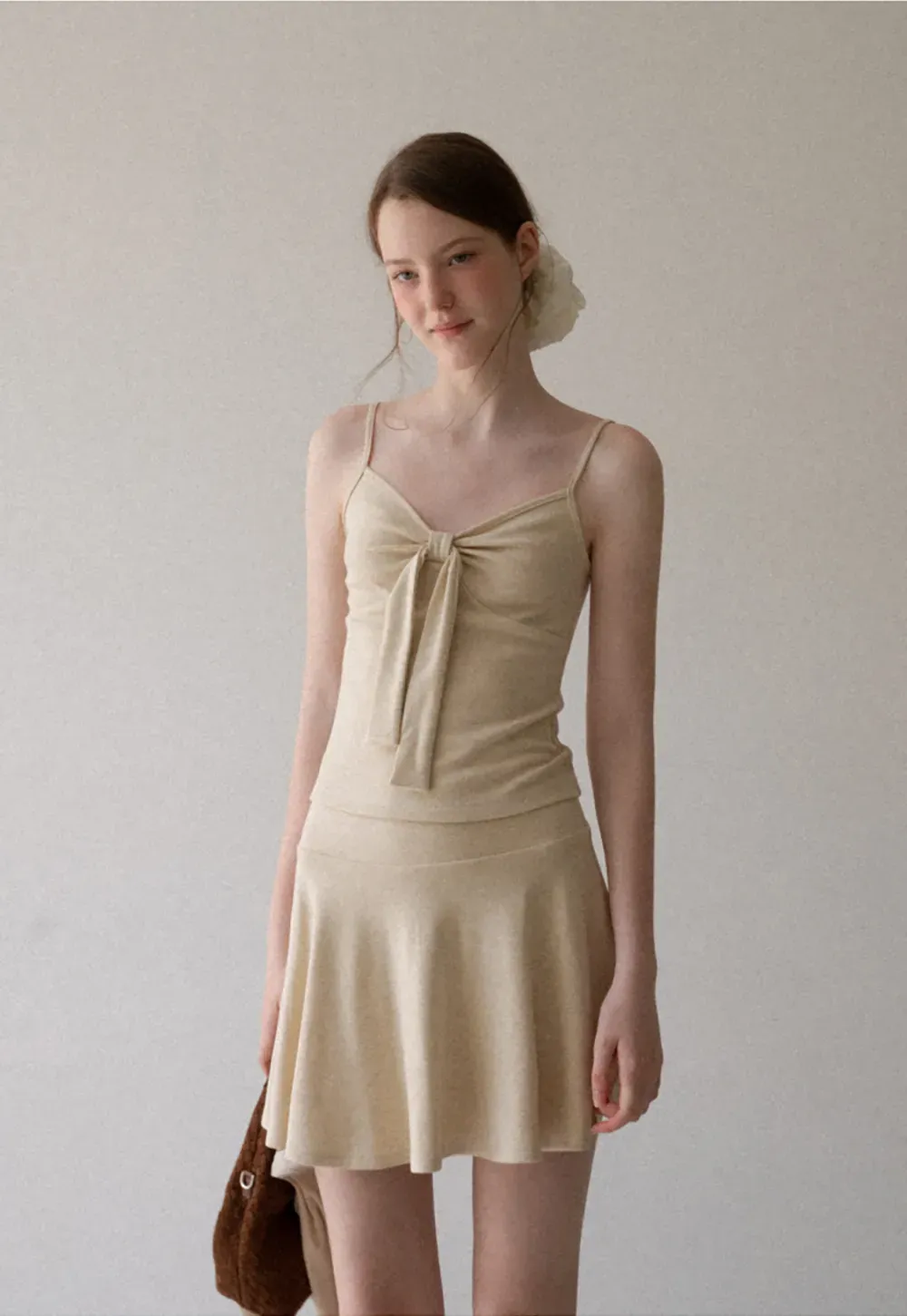Ribbed Knit Cardigan with Button Front and Tie Neck Top Skirt Set