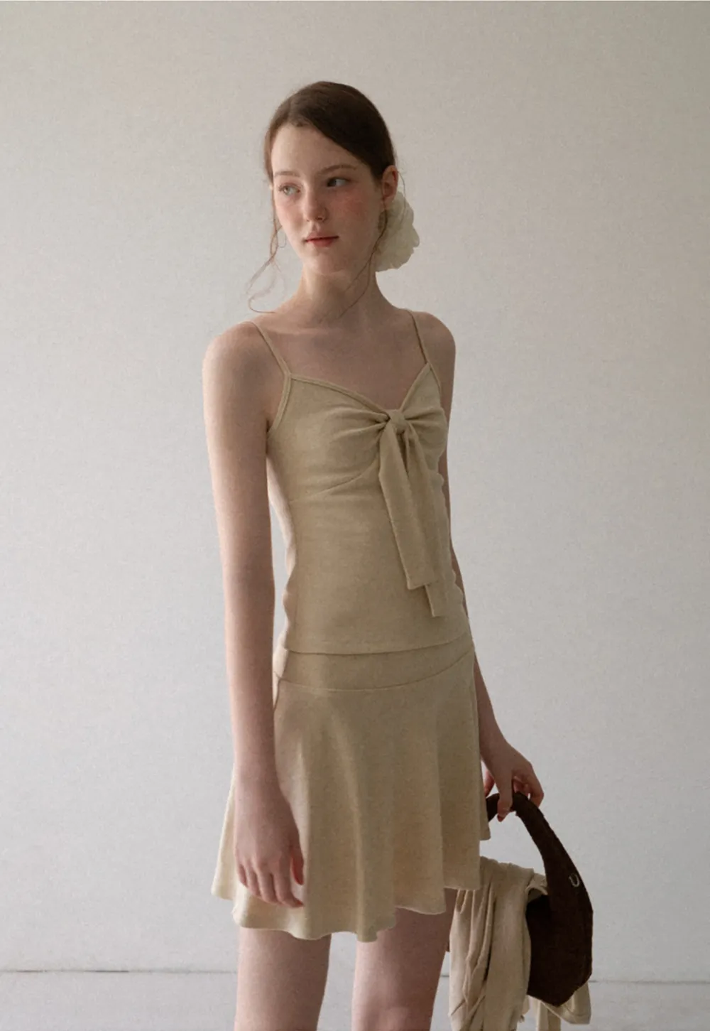 Ribbed Knit Cardigan with Button Front and Tie Neck Top Skirt Set