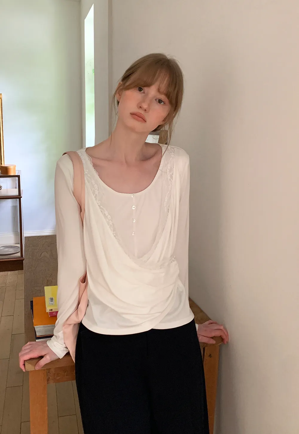 Lace Trim Draped Sleeve Button Front Top