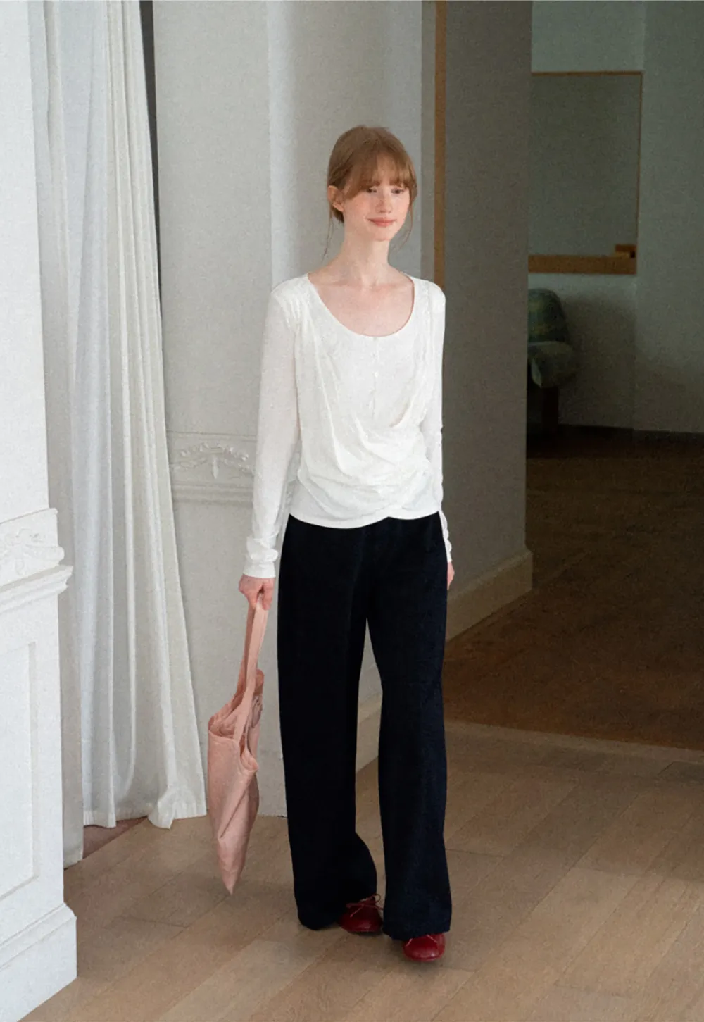Lace Trim Draped Sleeve Button Front Top