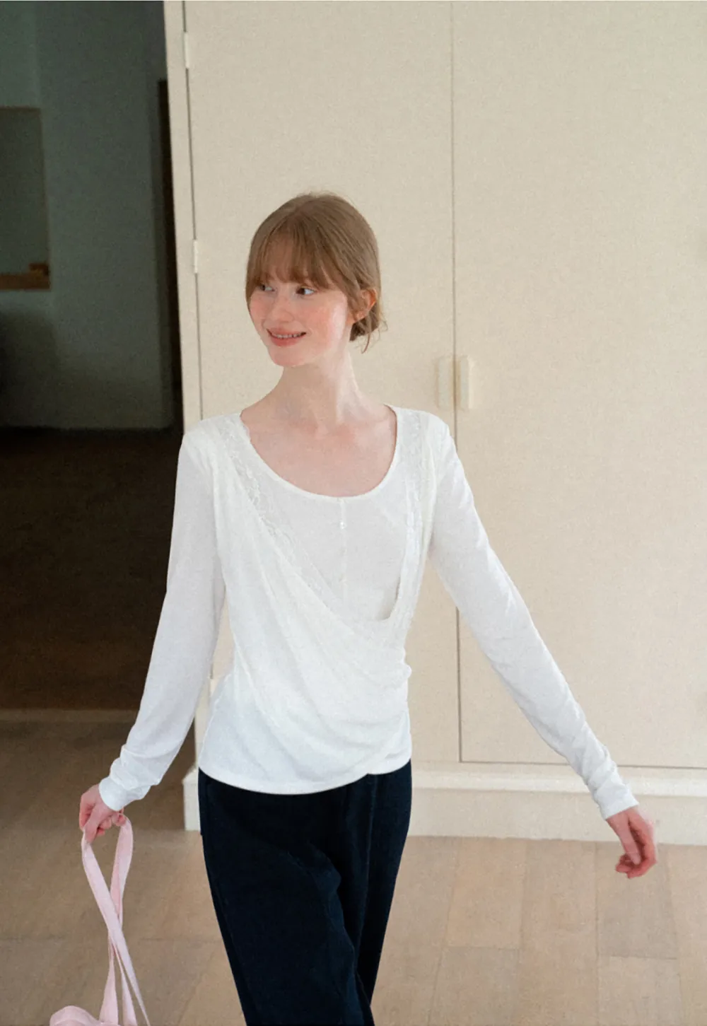 Lace Trim Draped Sleeve Button Front Top