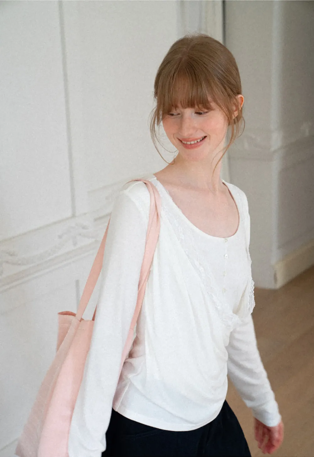Lace Trim Draped Sleeve Button Front Top