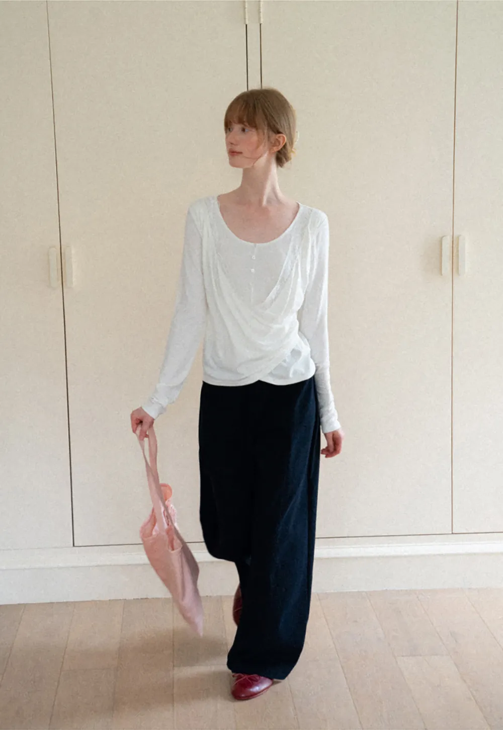 Lace Trim Draped Sleeve Button Front Top