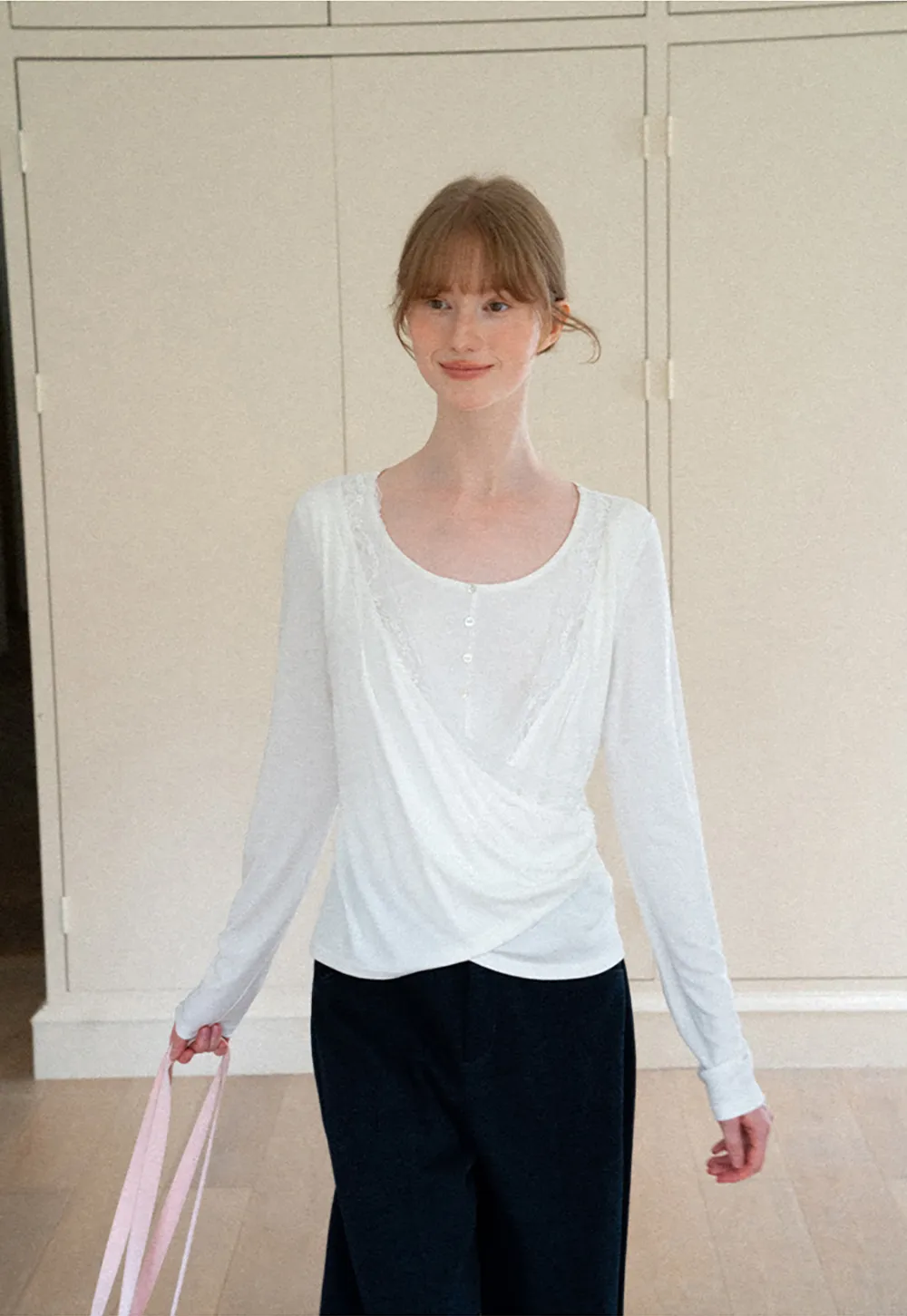 Lace Trim Draped Sleeve Button Front Top