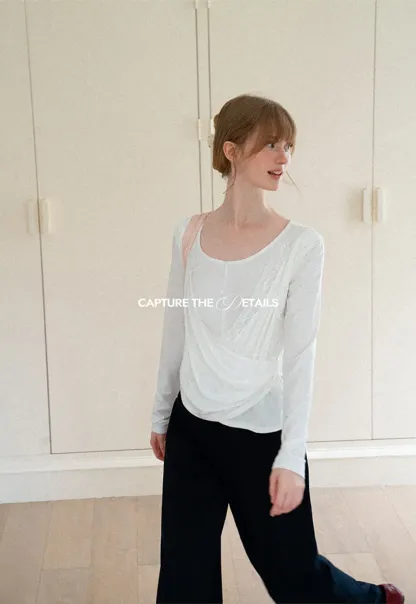 Lace Trim Draped Sleeve Button Front Top